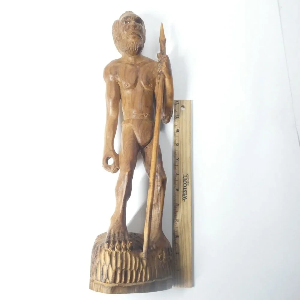 Carved Wooden Statue Hunter Warrior Man w/ Spear 17